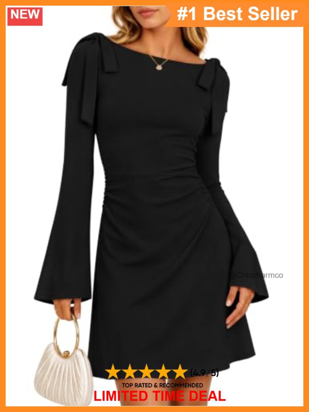 Tie Shoulder Ruched Bodycon Mini Dress Long Bell Sleeve Boat Neck